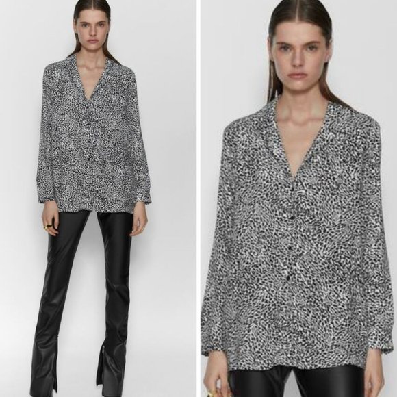 ZARA Black/White Animal Print Buttondown Shirt - Picture 1 of 7